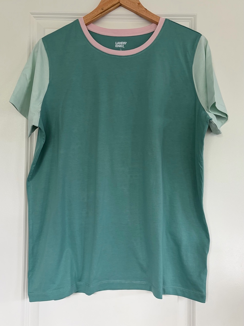 Lands' End Women's Teal Green Colorblock Short Sleeve Tee with Pink Trim